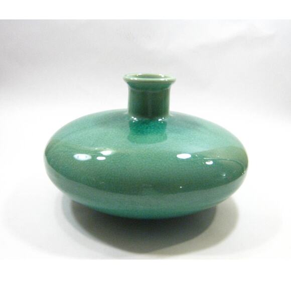 Vintage Other - Contemporary Globe Sea Green Glazed Glass Vessel Vase Container Crackle Finish